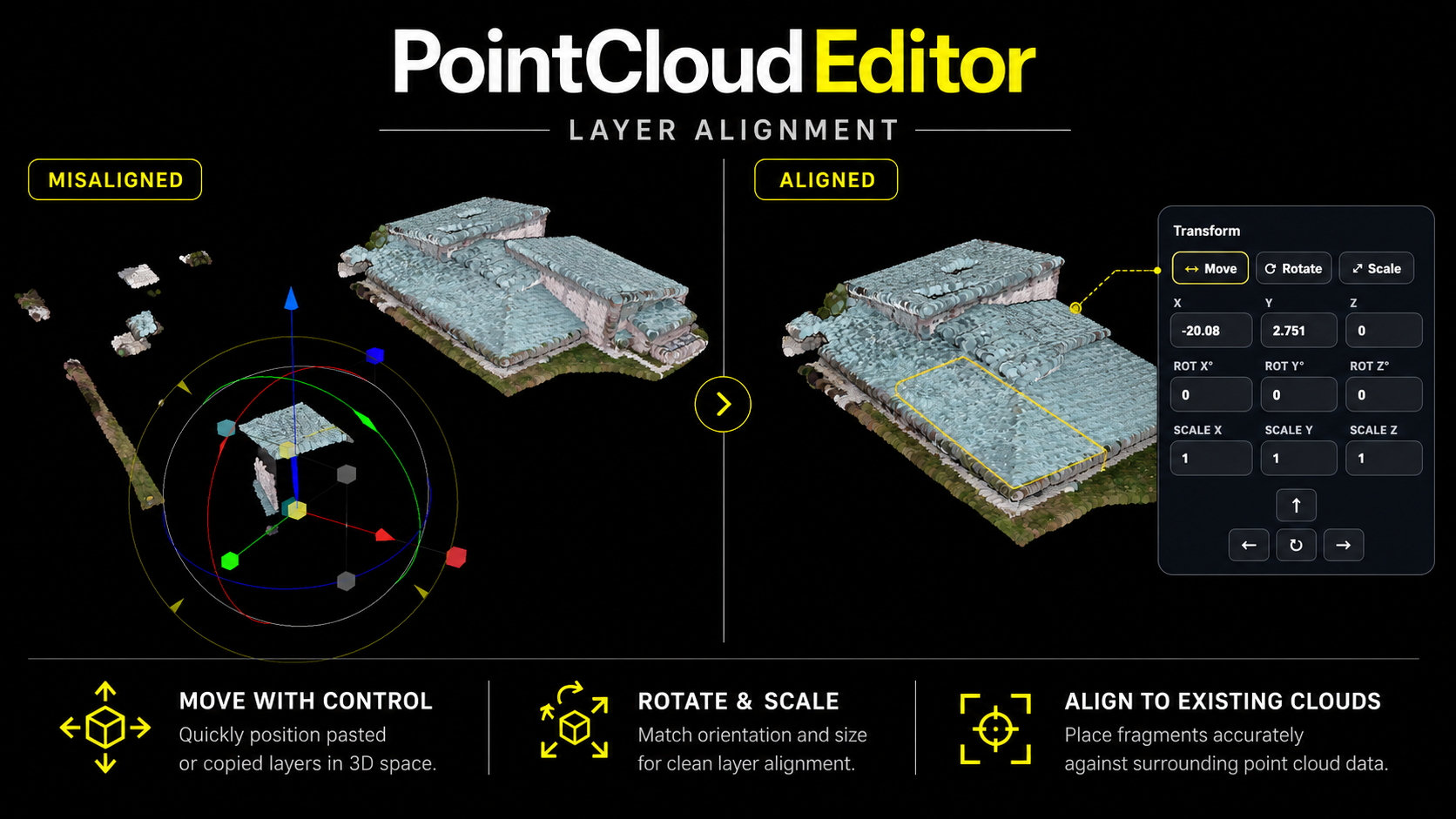 PointCloudEditor alignment workflow showing point cloud layers being aligned in the browser