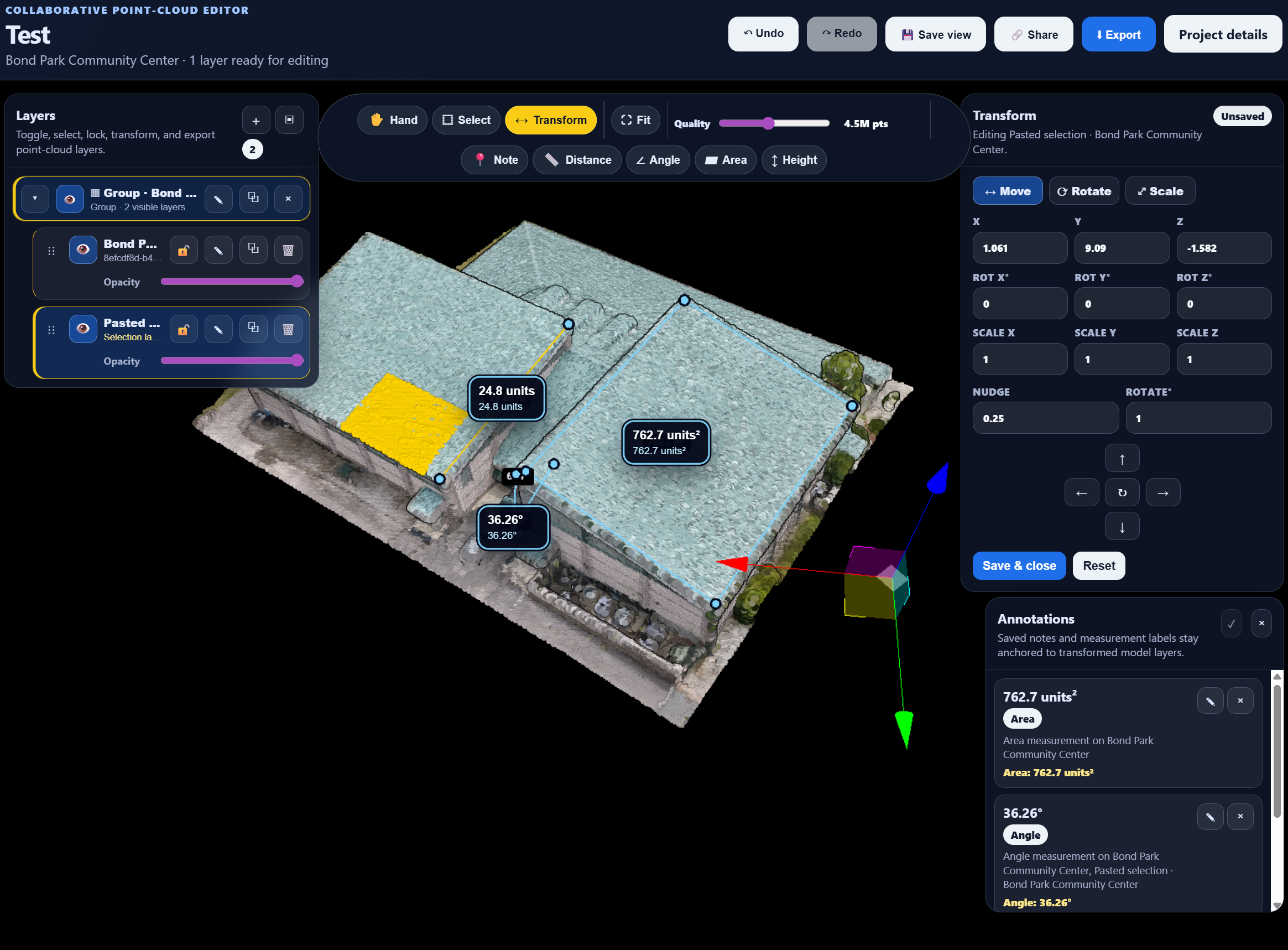 PointCloudEditor browser interface showing a point cloud editing workspace