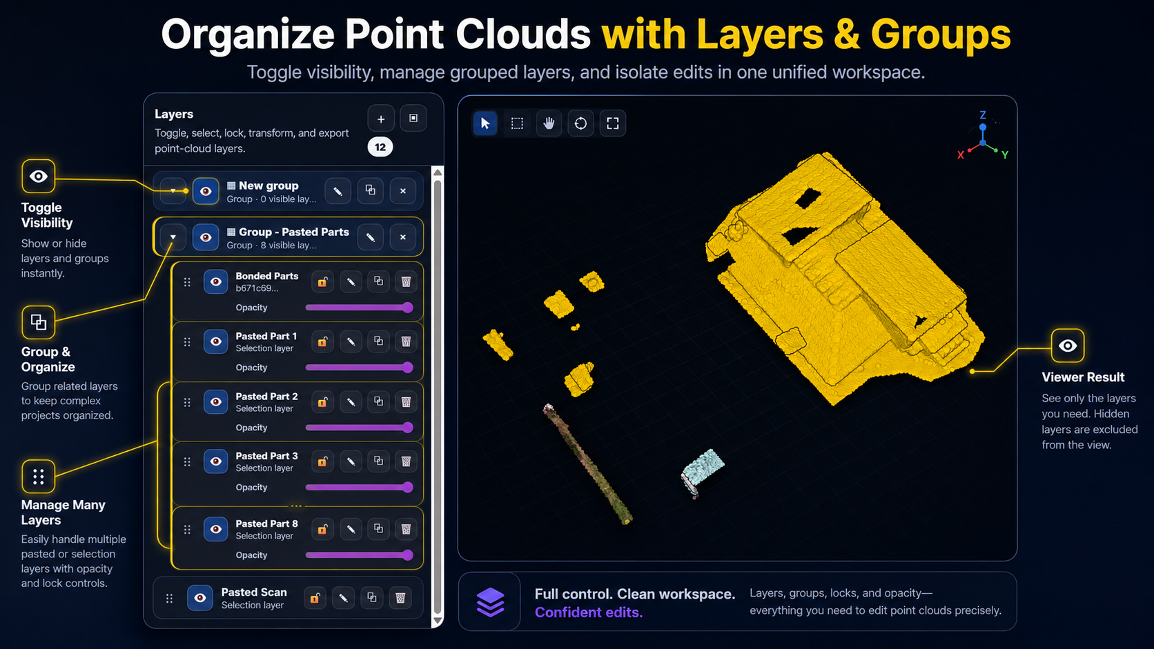 PointCloudEditor layer panel showing grouped point cloud layers and visibility controls